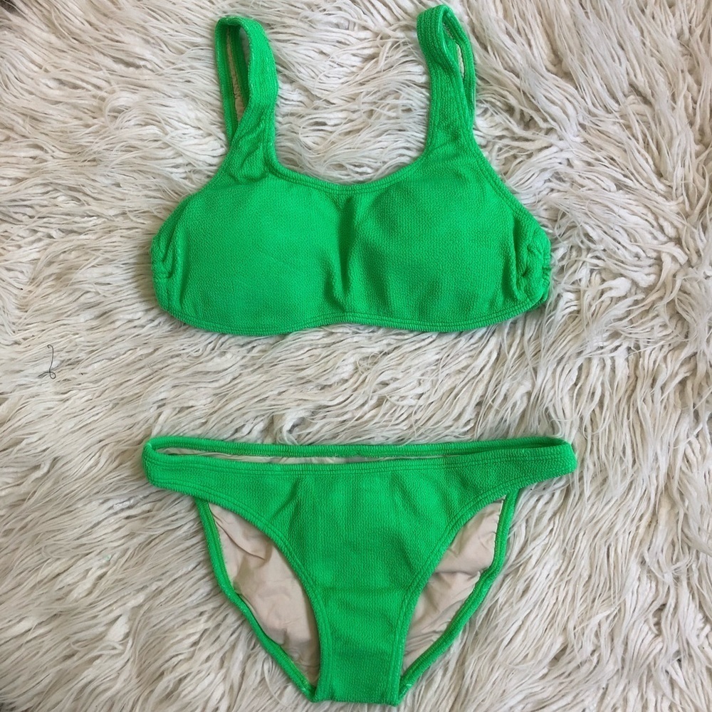 PilyQ PQ Swim Neon Green Kiwi Reef Ring Side Halter High Cut Bikini NWT